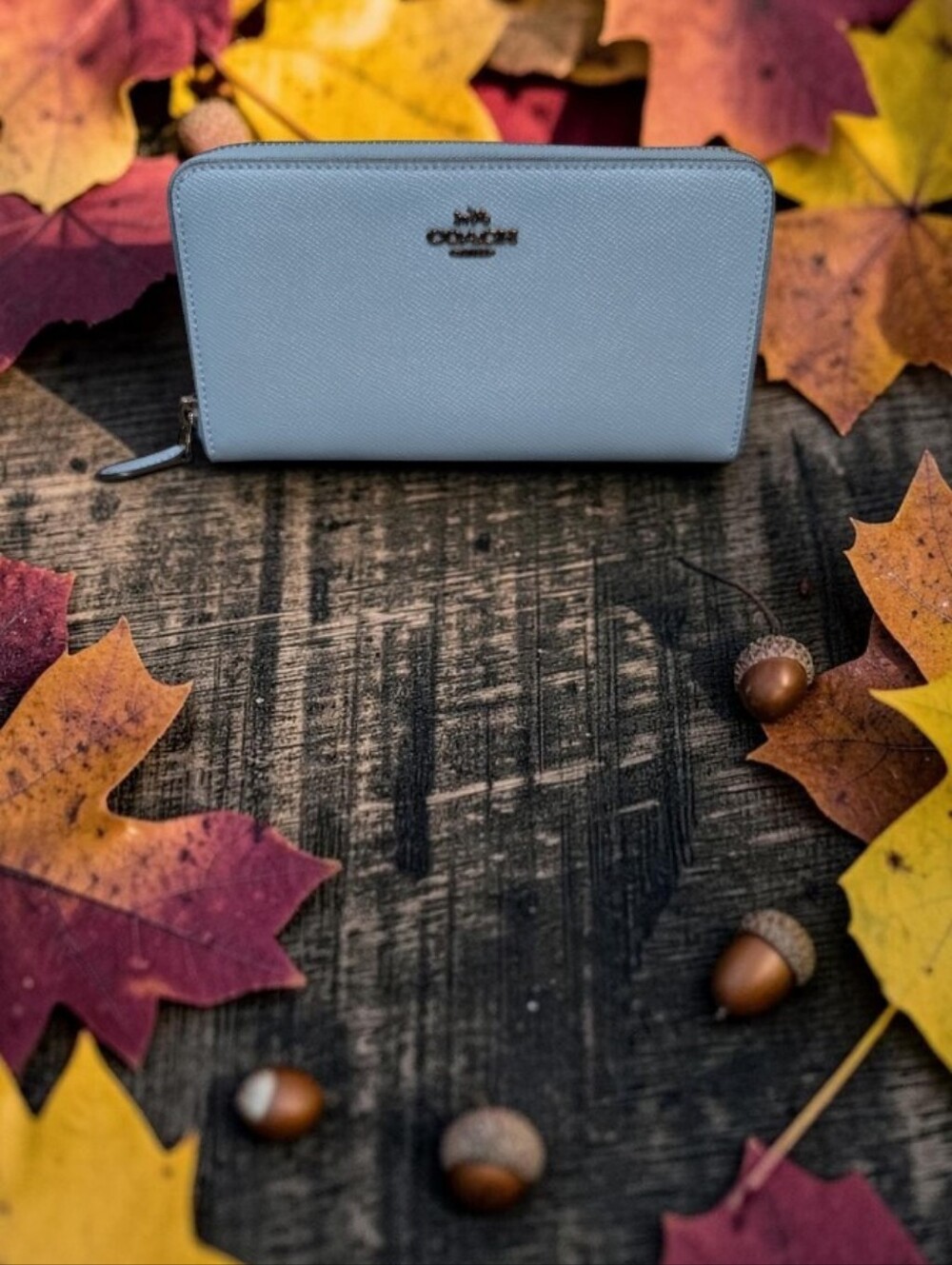 Coach Light Blue Zip-Around Saffiano Wallet